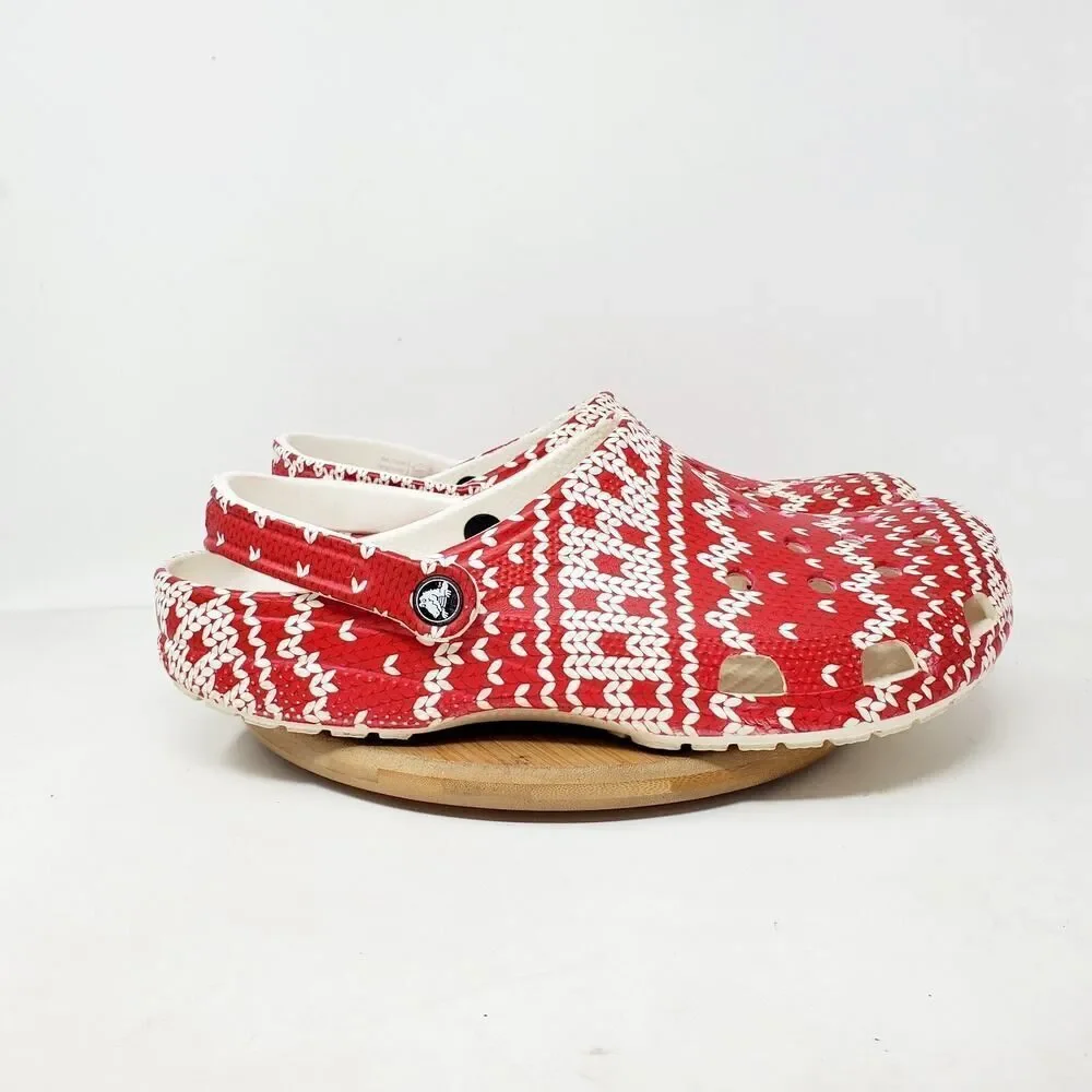 Crocs Holiday Clog Shoes Mens 12 Red White Knit‎ Ugly Christmas Sweater